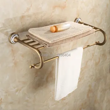 Groothandel en retail antiek messing met porselein badkamer handdoekhouders dubbele handdoekenrek wandmontage handdoek plank TR1001
