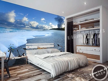 Custom 3d foto behang, blue sky en witte wolken beach wave landschap voor de woonkamer slaapkamer achtergrond muur behang