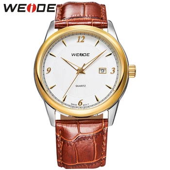 WEIDE Goud Mannen Horloge Luxe Merk Quartz Analoge Weergave Waterendigheid Casual Lederen Horloges Cadeau Voor Mannen