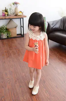 Helen115 mooie kids baby meisjes zomer bloemen kraag mouwloze orange katoen jurken 2-7years