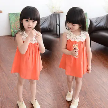 Helen115 mooie kids baby meisjes zomer bloemen kraag mouwloze orange katoen jurken 2-7years