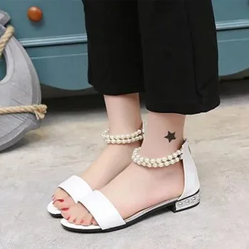 2017 beknopte zomer sandalen strass flats vrouwen meisjes zoete slippers schoenen mooie enkelband rozenkrans kralen schoenen