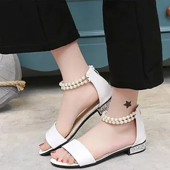 2017 beknopte zomer sandalen strass flats vrouwen meisjes zoete slippers schoenen mooie enkelband rozenkrans kralen schoenen