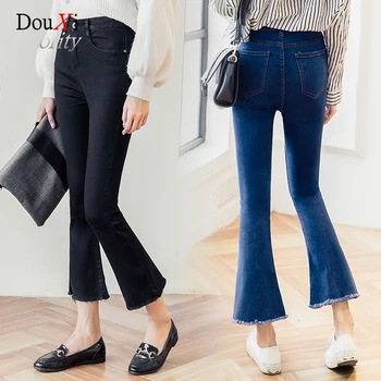 Hoge taille jeans vrouwen iets flare enkellange broek elastische skinny slanke kwastje femme denim jardineira feminina calcas jeans