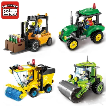 Enlighten stad serie road roller vorkheftruck tractor veegmachine truck bouwstenen kinderen speelgoed lepin kaizi bela sluban decool