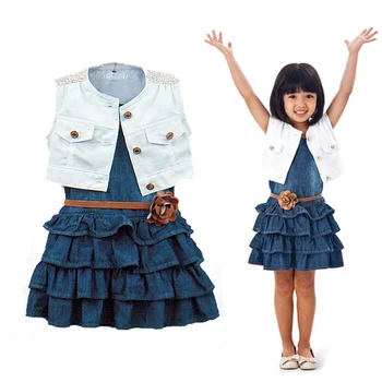 Kinderkleding sets 2017 zomer mode meisje kleding navy wind retro cowboy dress mouwloze baby meisjes jas + rok + riem
