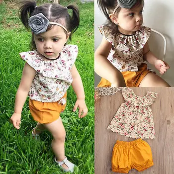 Zomer Meisjes Kleding 2017 Mode Peuter Baby Meisje Outfits Bloemen Shirt Tops + Strik Shorts Broek 2 st Set